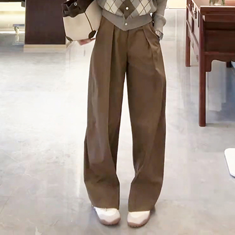 COCOZONE刘11焦糖裤春季美式复古直筒百搭阔腿中腰咖色休闲裤女