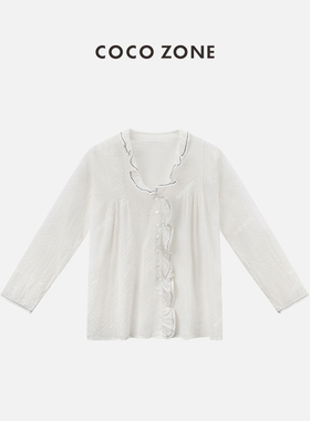 COCO ZONE2024设计感V领白色点点衬衫单排扣长袖上衣CC1B0856