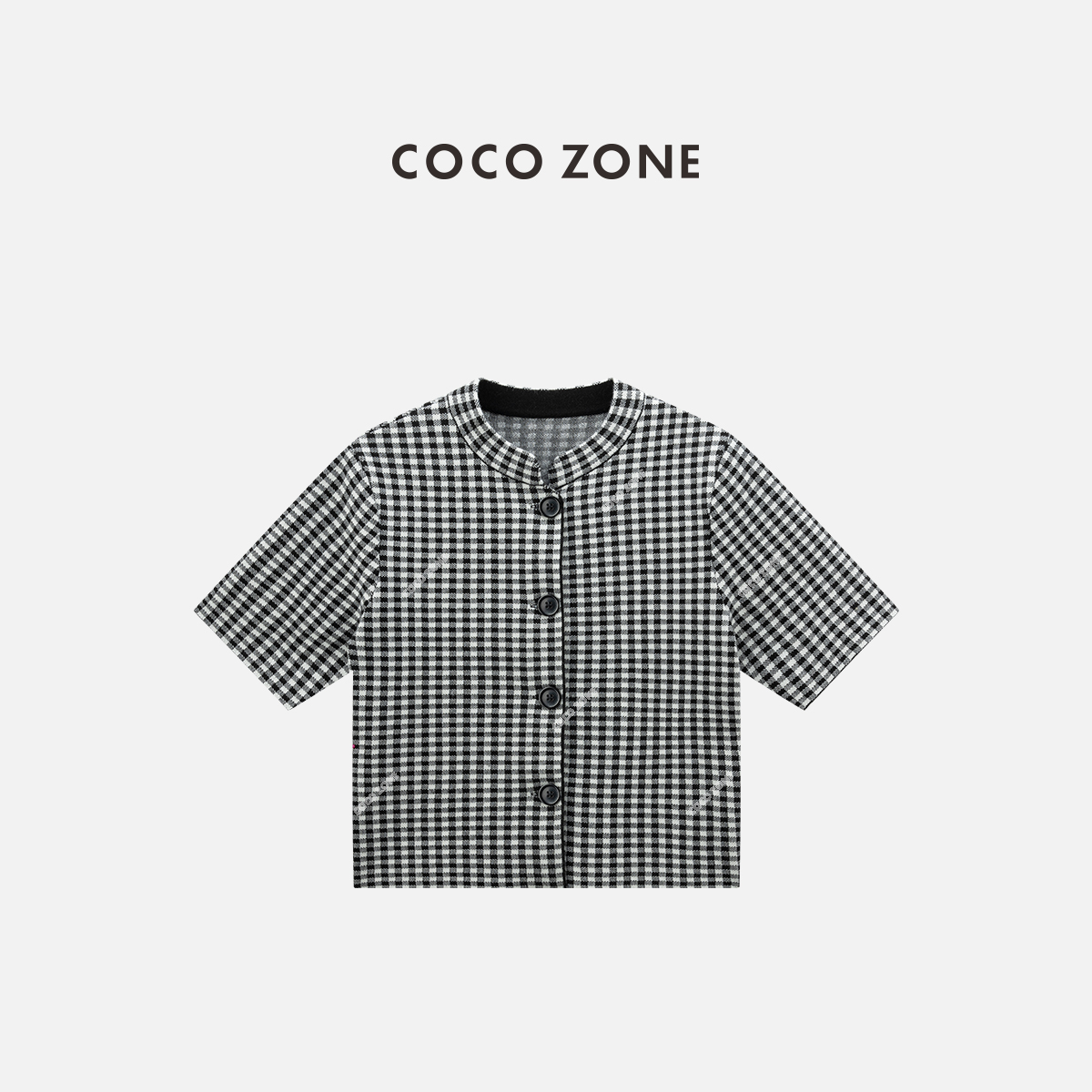 COCO ZONE 刘11 格纹立领短袖撞色单排扣外套上衣CC1C1782