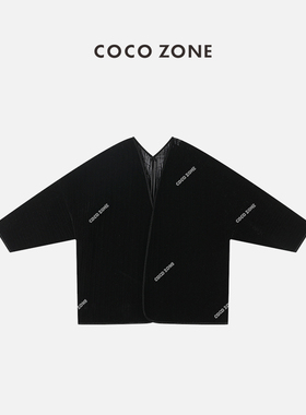 COCO ZONE 黑色丝绒奶奶服V斜领长袖宽松显瘦上衣 23C19406