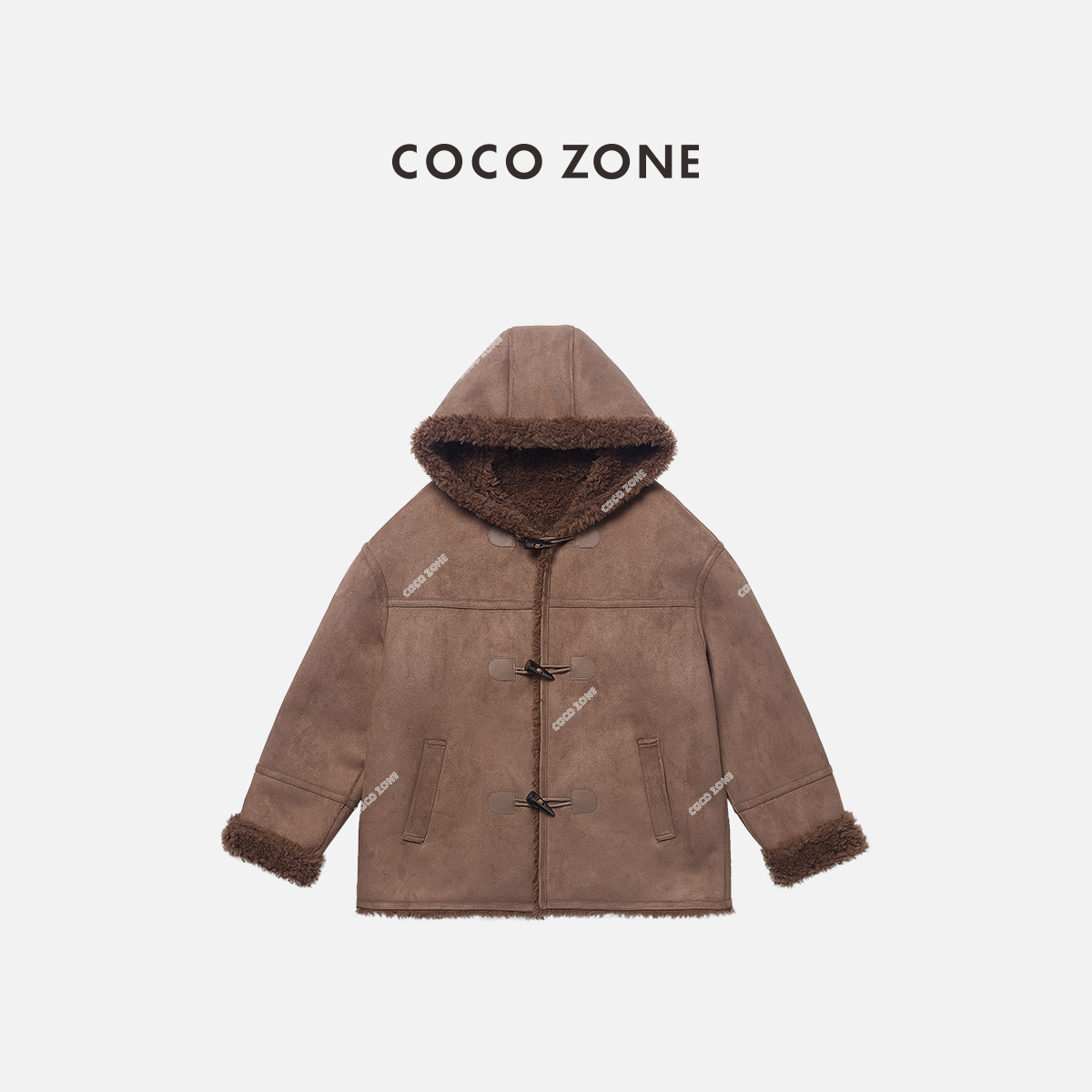 COCO ZONE 刘11“栗子松糕” 复古牛角扣连帽拼接外套CC2D2576
