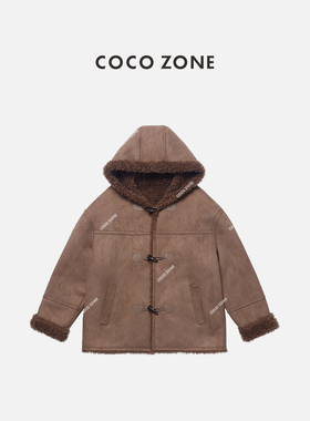 COCO ZONE 刘11“栗子松糕” 复古牛角扣连帽拼接外套CC2D2576