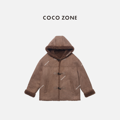 COCO ZONE 刘11“栗子松糕” 复古牛角扣连帽拼接外套CC2D2576