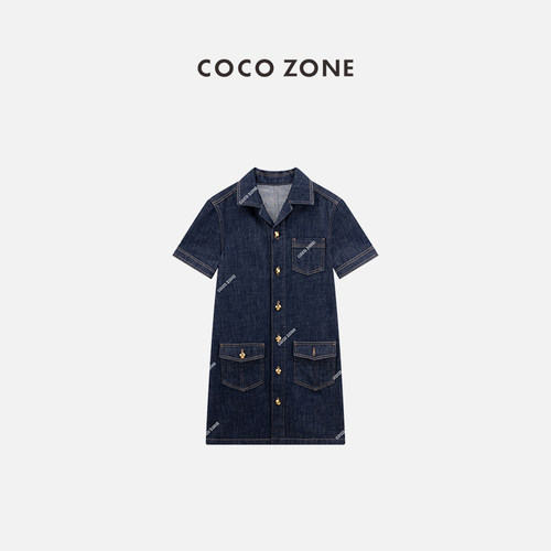 COCO ZONE&刘一一 夏季翻领单排扣连衣裙气质短袖A字裙CC1B1374