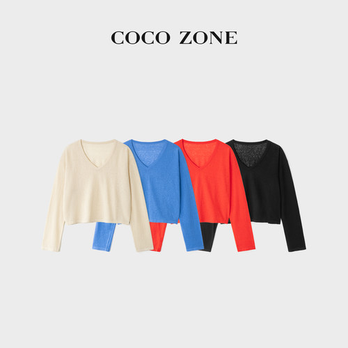 COCO ZONE刘一一【法国雨露麻】混纺纯色V领毛织上衣CF1B1176