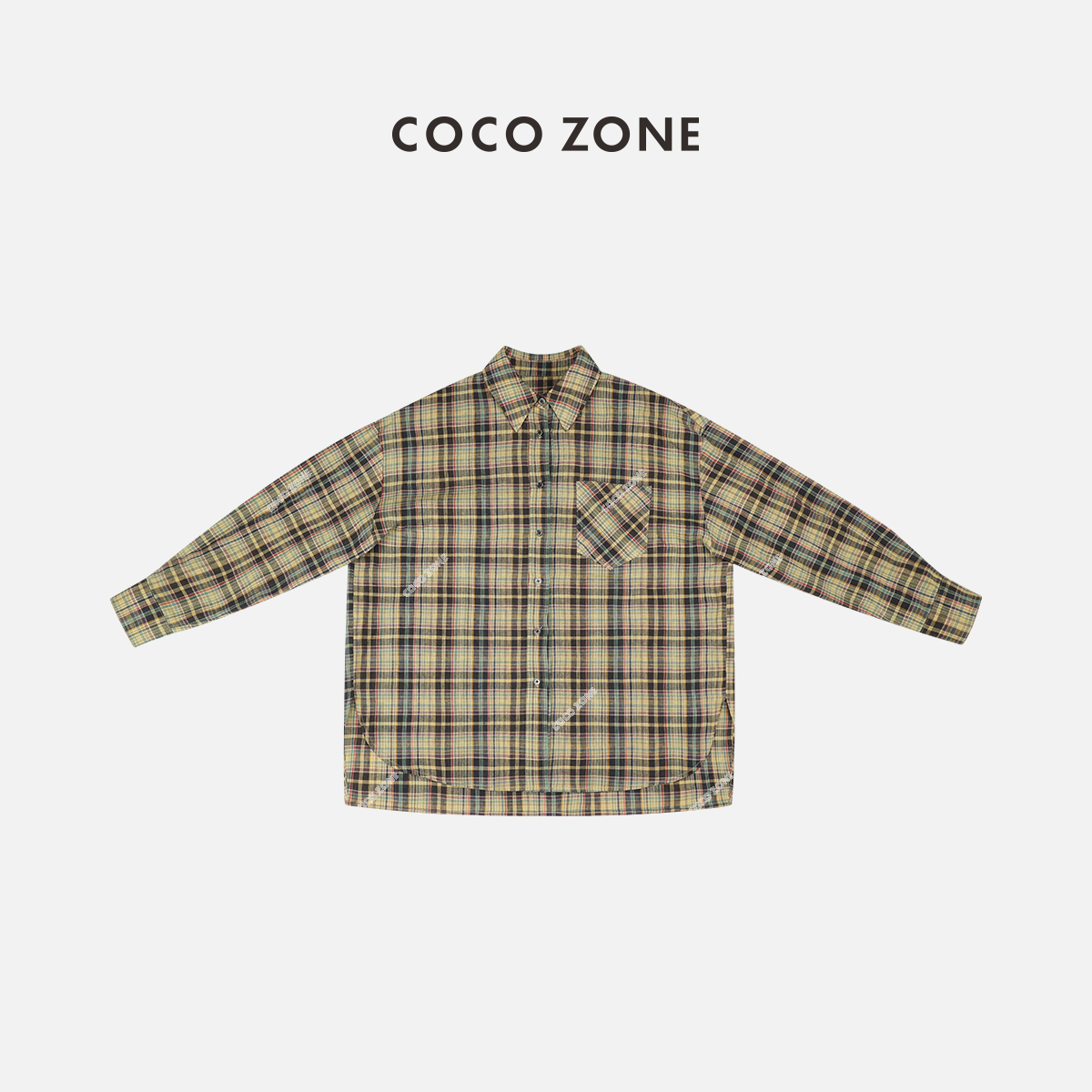 COCOZONE刘一一2025秋复古宽松亚麻格子衬衫百搭长袖上衣CD1A0336