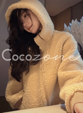 COCO ZONE 刘11 100绵羊毛暖奢风连帽拉链宽松秋季外套女装冬