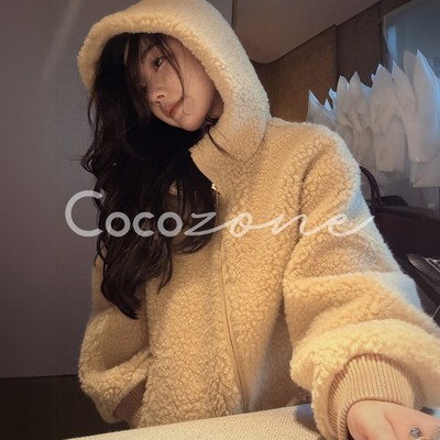 COCO ZONE 刘11 100绵羊毛暖奢风连帽拉链宽松秋季外套女装冬