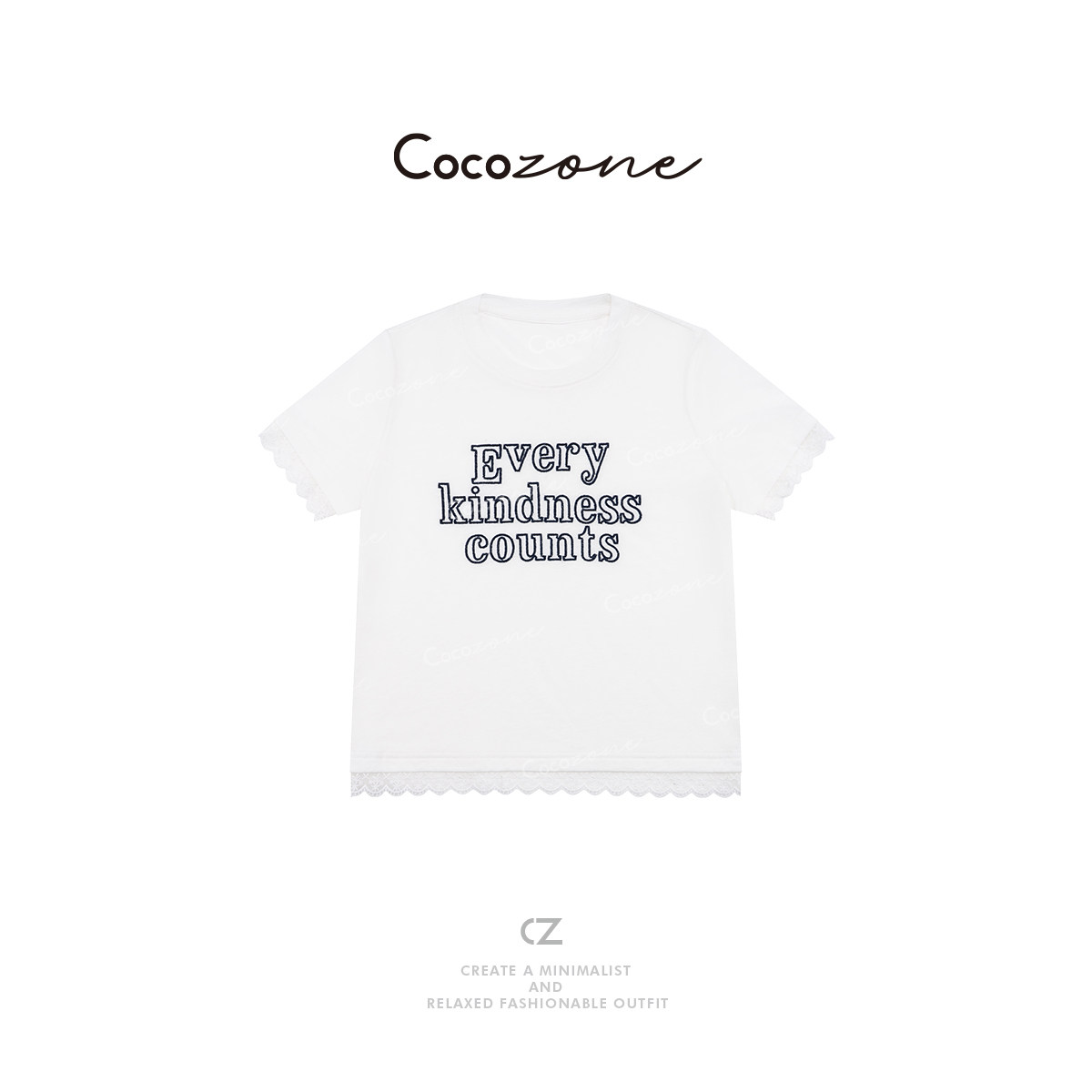 COCO ZONE 刘一一 圆领甜美温柔字母拼接蕾丝短袖T恤CD1A0654