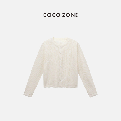 COCO ZONE2024小香风镂空设计针织开衫时尚圆领上衣CC1B0912