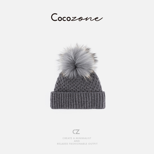 ZONE 貉子毛球菱形格纹帽子 刘 100羊毛 CD2A2634 一一 COCO