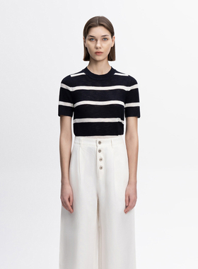 COCO ZONE&刘一一 春夏新款通勤风圆领针织撞色条纹上衣 23C18957