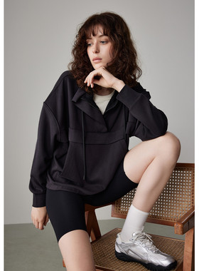 COCO ZONE 刘11 高级感黑色卫衣女美式早秋宽松慵懒风连帽上衣