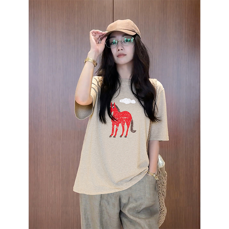 COCOZONE刘112025春夏季新款圆领亚麻短袖简约显瘦印花T恤上衣