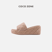 通勤外穿女鞋 COCOZONE刘11 小香风厚底菱格一字带拖鞋 CC2B0764