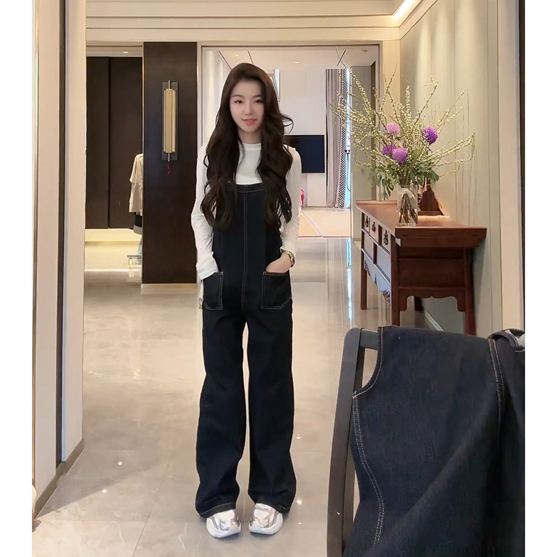 COCOZONE刘11丹宁日记2025春季新款连体复古设计感牛仔背带裤子