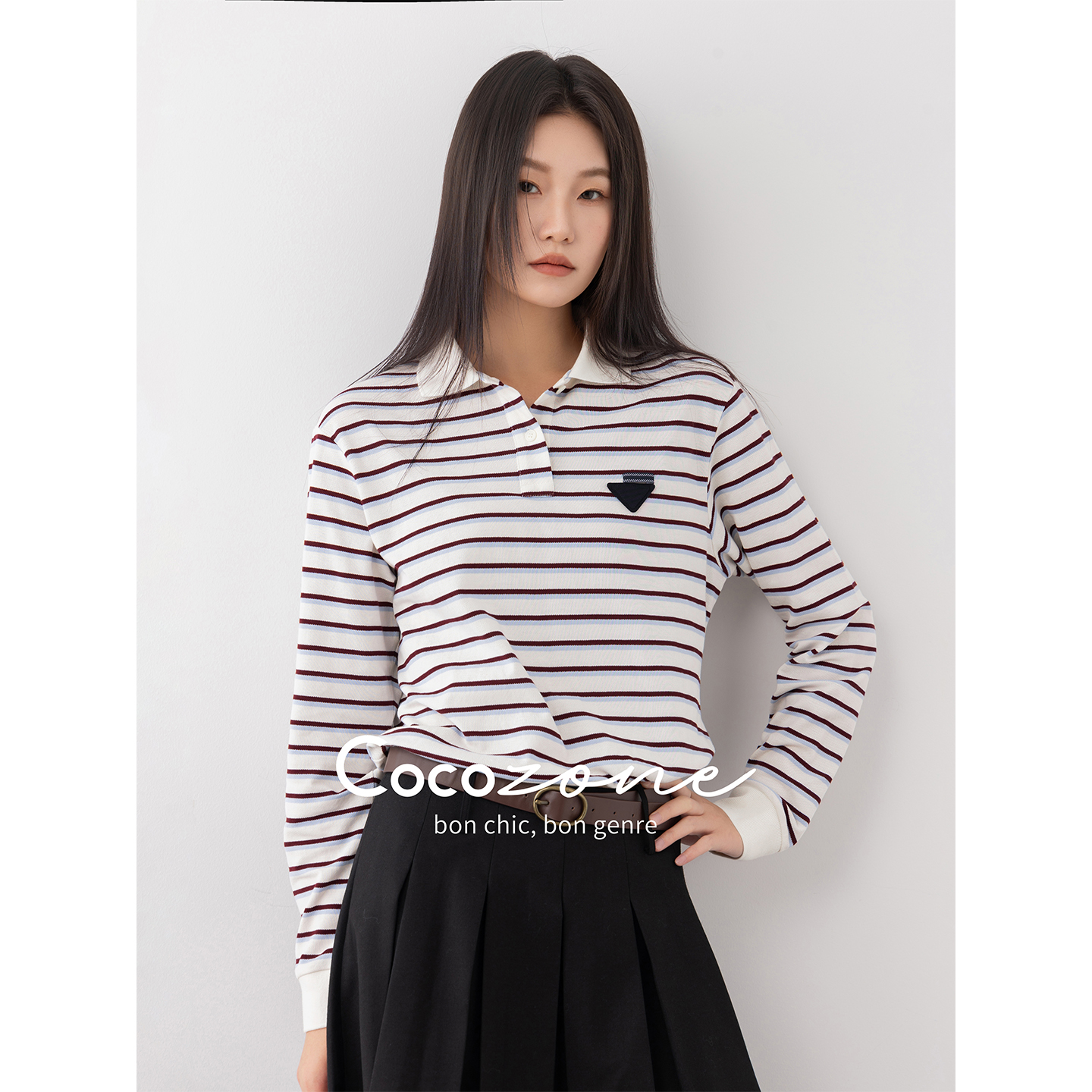 COCO ZONE 刘一一“蓝卡”100棉polo领条纹针织上衣CD1A1111