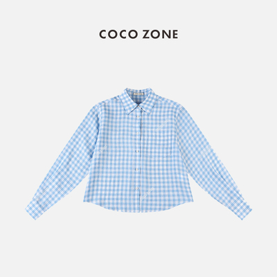 COCO ZONE 刘11 夏季气质polo领格子衬衣长袖上衣 23C18860