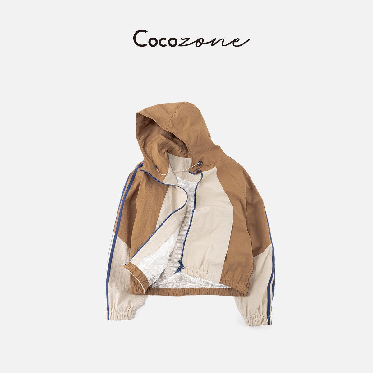 COCO ZONE 刘一一春夏''杏仁奶茶''拼色线条连帽拉链外套CF1F0049