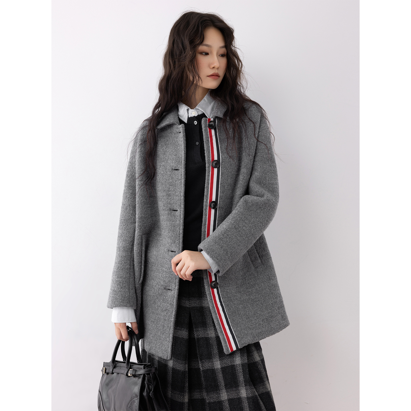 COCO ZONE 刘一一 高级感中长款毛呢外套气质翻领上衣CC2C2083