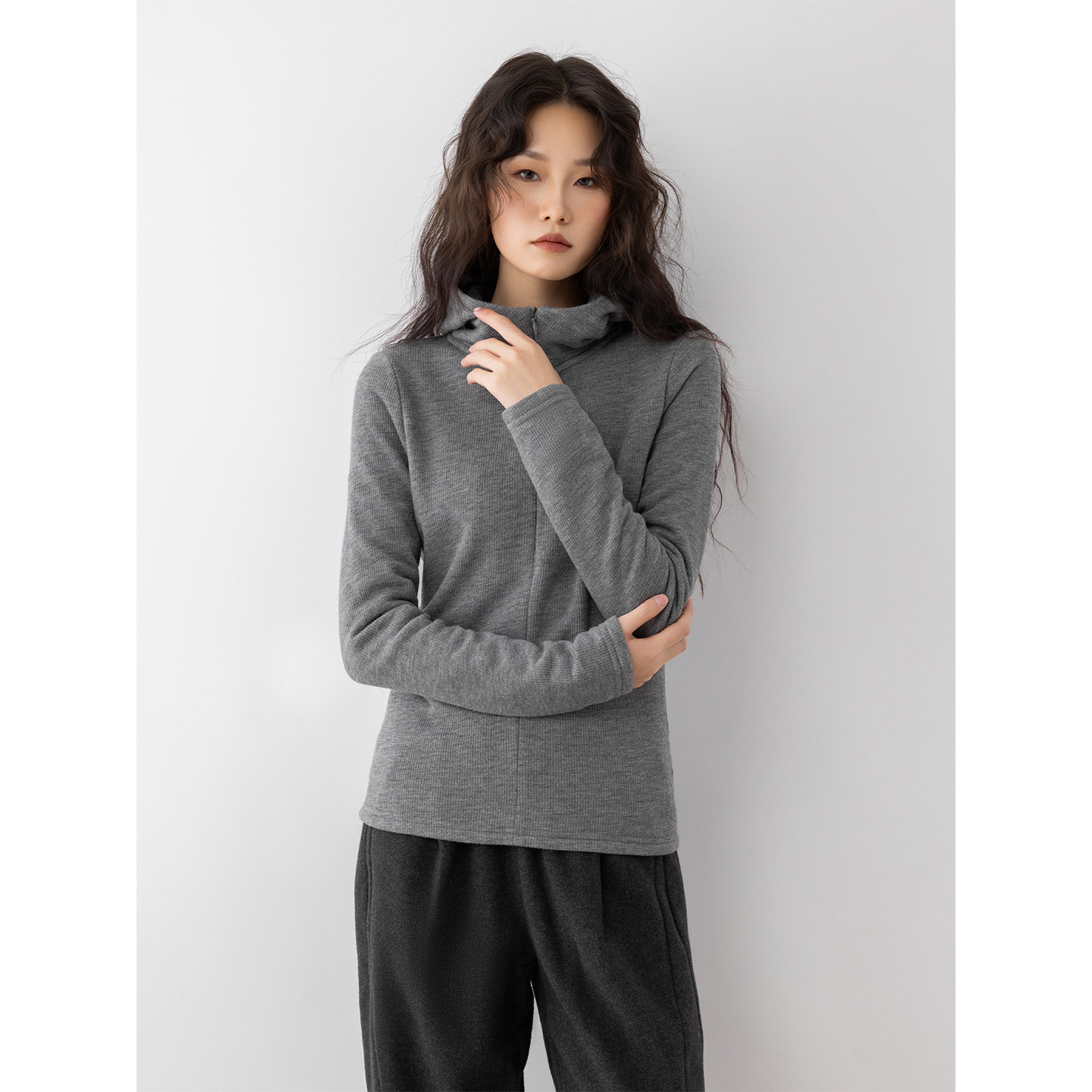 COCO ZONE 刘一一 秋冬连帽半拉链长袖T恤显瘦打底衫CC1D2584