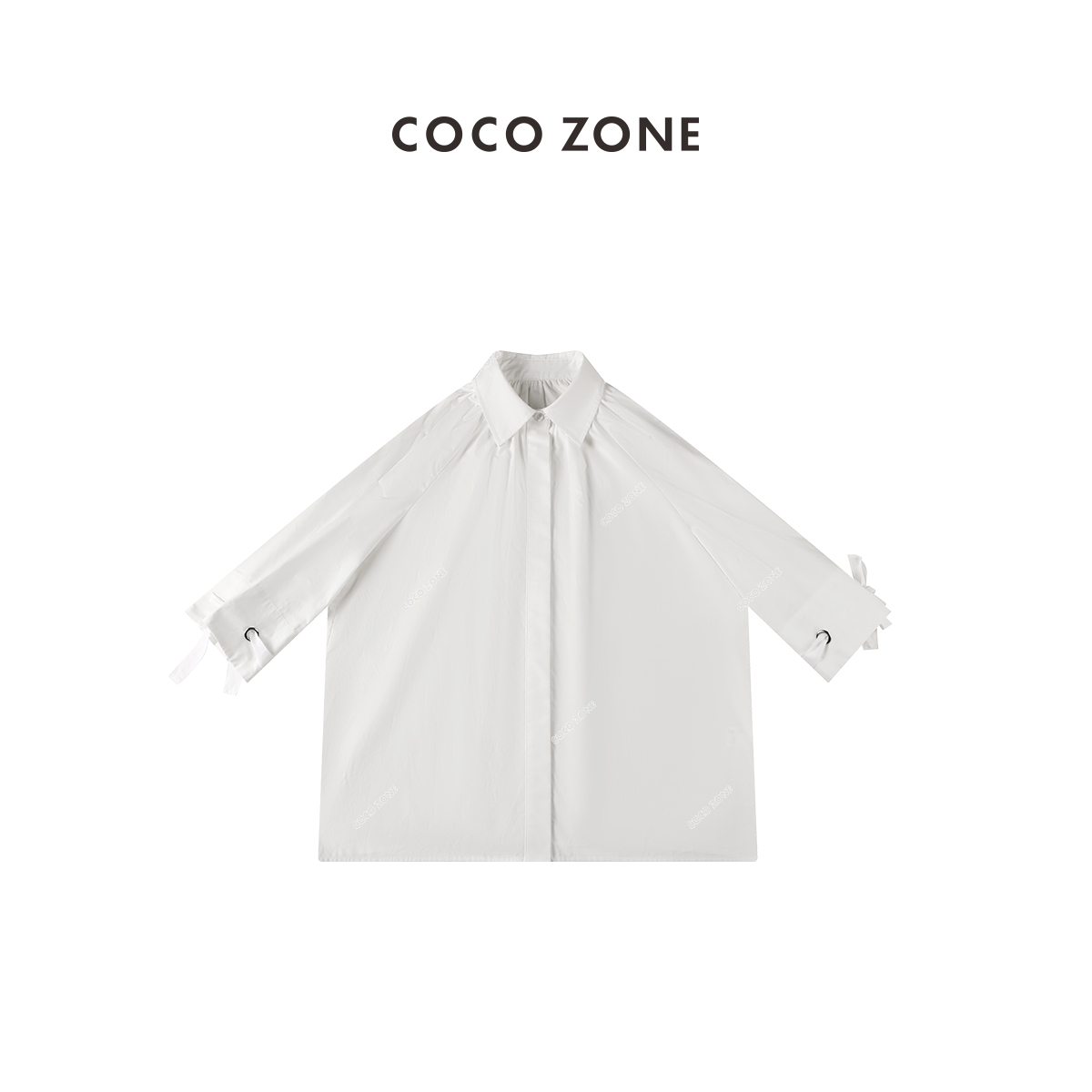 COCOZONE刘112025春装100%棉翻领长袖衬衫袖口绑带上衣23C18670