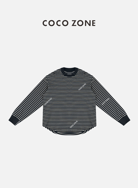 COCO ZONE 刘11 100棉撞色螺纹领条纹圆摆长袖打底衫23C19467
