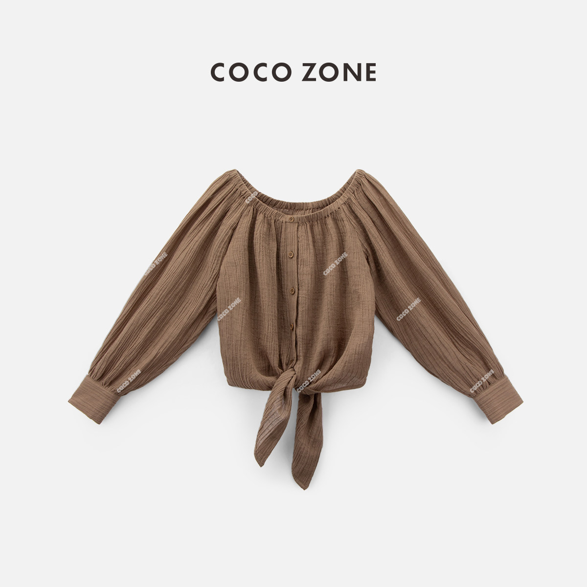 COCO ZONE 刘11夏季复古方领上衣气质单排扣长袖衬衫CC1B1182