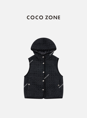 COCO ZONE刘11 复古设计感格子连帽单排扣马甲CC2D2620