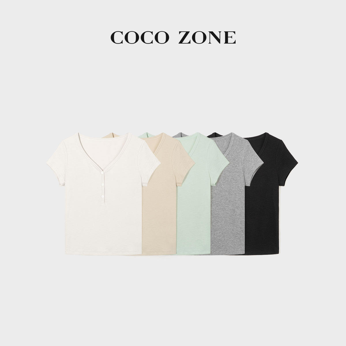 COCO ZONE刘一一"天鹅颈"26夏款三粒扣纯色V领短袖T恤CF1B1132