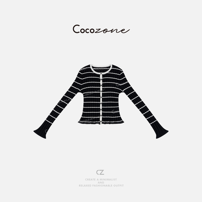 COCO ZONE 刘一一 25早春新款条纹撞色圆领女式针织开衫ACD1A0370