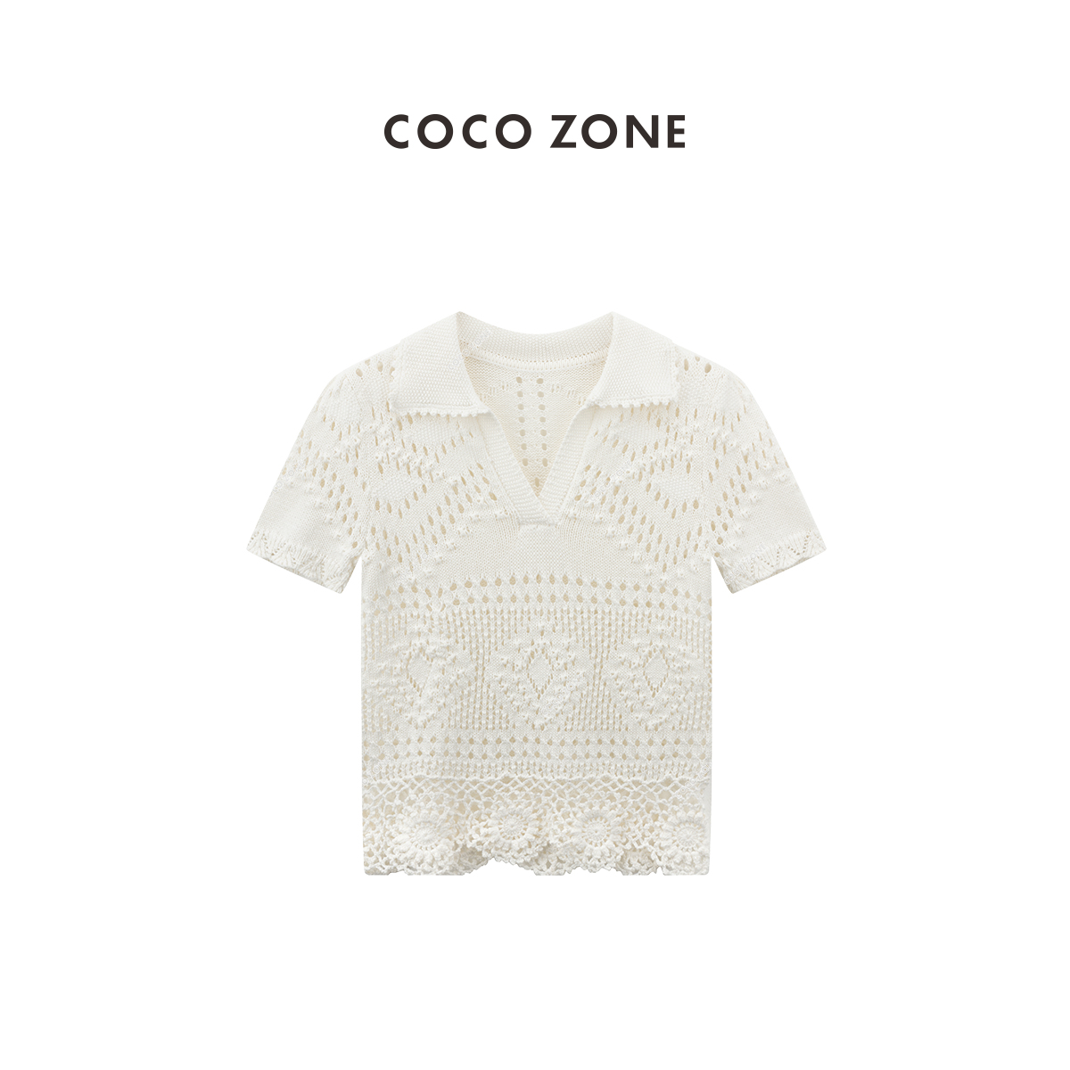 COCO ZONE 刘11 时尚镂空V领短袖针织衫设计感百搭上衣CC2B0717