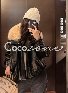 COCO ZONE 刘 一一 “黑胶皮衣”90鹅绒油蜡绵羊皮皮衣 CD2A3195