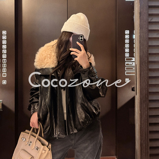 ZONE 90鹅绒油蜡绵羊皮皮衣 刘 黑胶皮衣 CD2A3195 一一 COCO