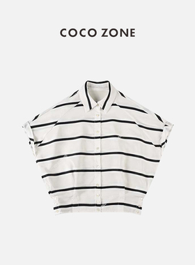 COCO ZONE 通勤风气质翻领条纹衬衣蝙蝠袖单排纽扣 23C18812