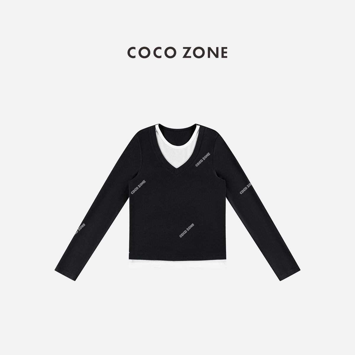 COCOZONE刘一一 早秋设计感假两件拼色休闲长袖T恤上衣女CC1D2692