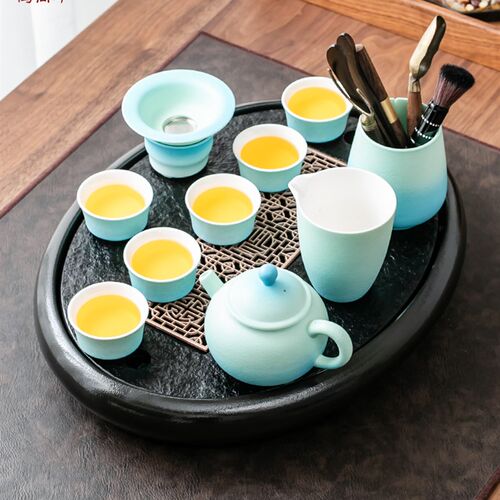 陶瓷天然石材茶盘小型功夫茶具家用办公储水式排水茶台茶杯小套装