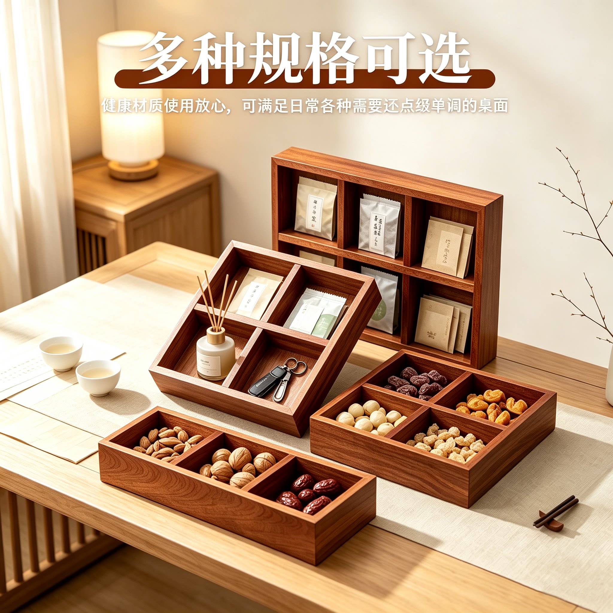 多方格盒实木托盘木质中式茶点盘
