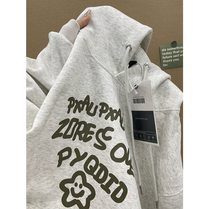 重磅加绒加厚连帽卫衣女秋冬2024美式潮牌宽松银狐绒情侣上衣帽衫