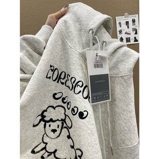 白花灰连帽卫衣女2025新款宽松早秋长袖外套加绒加厚秋冬百搭上衣