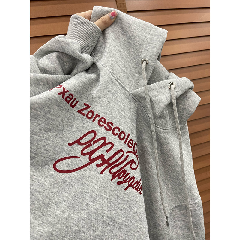 灰色印花加绒加厚连帽卫衣女春秋秋冬2024新款爆款小个子美式外套
