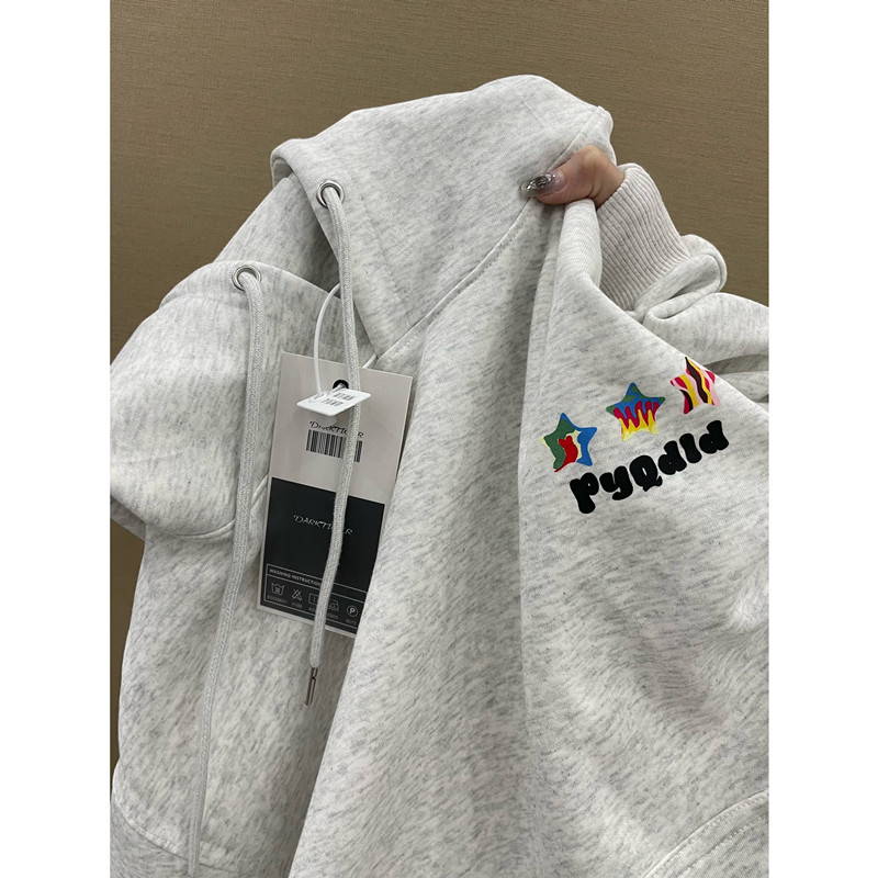 美式初中生星星印花连帽套头卫衣女春秋季薄款显瘦oversize外套潮