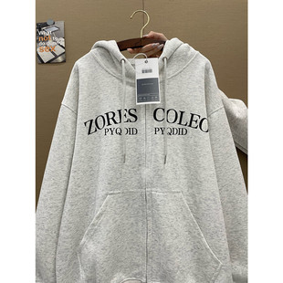 灰色拉链开衫连帽卫衣女春秋冬季加绒加厚宽松慵懒风前后印花外套