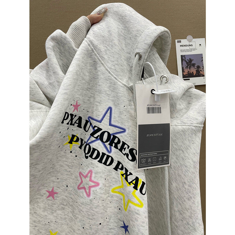 秋冬加绒加厚卫衣女2024新款爆款重磅银狐绒灰色连帽美式宽松外套