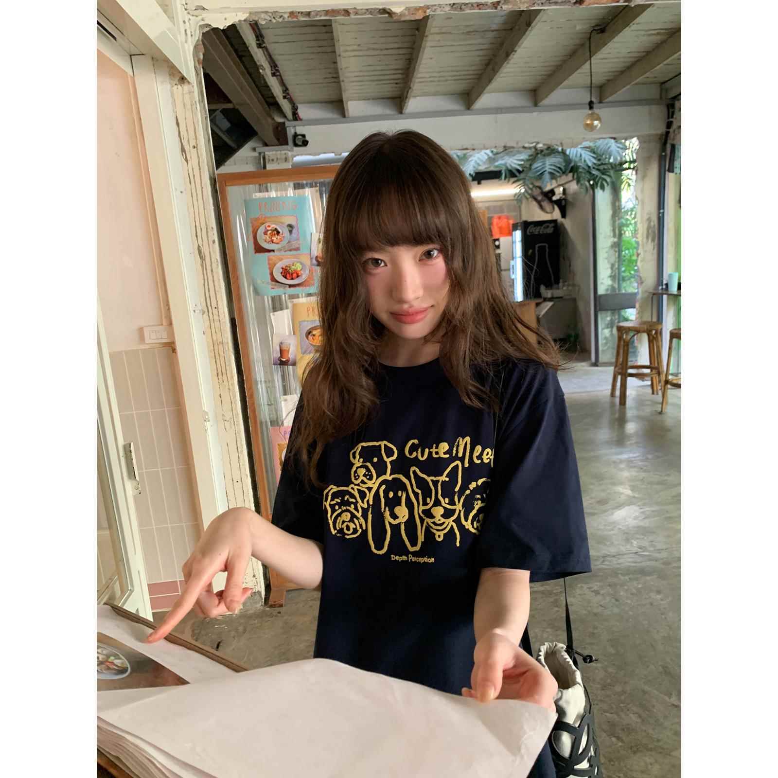 你好卡农 原创绒面发泡狗狗印花短袖t恤女夏新款宽松圆领纯棉上衣