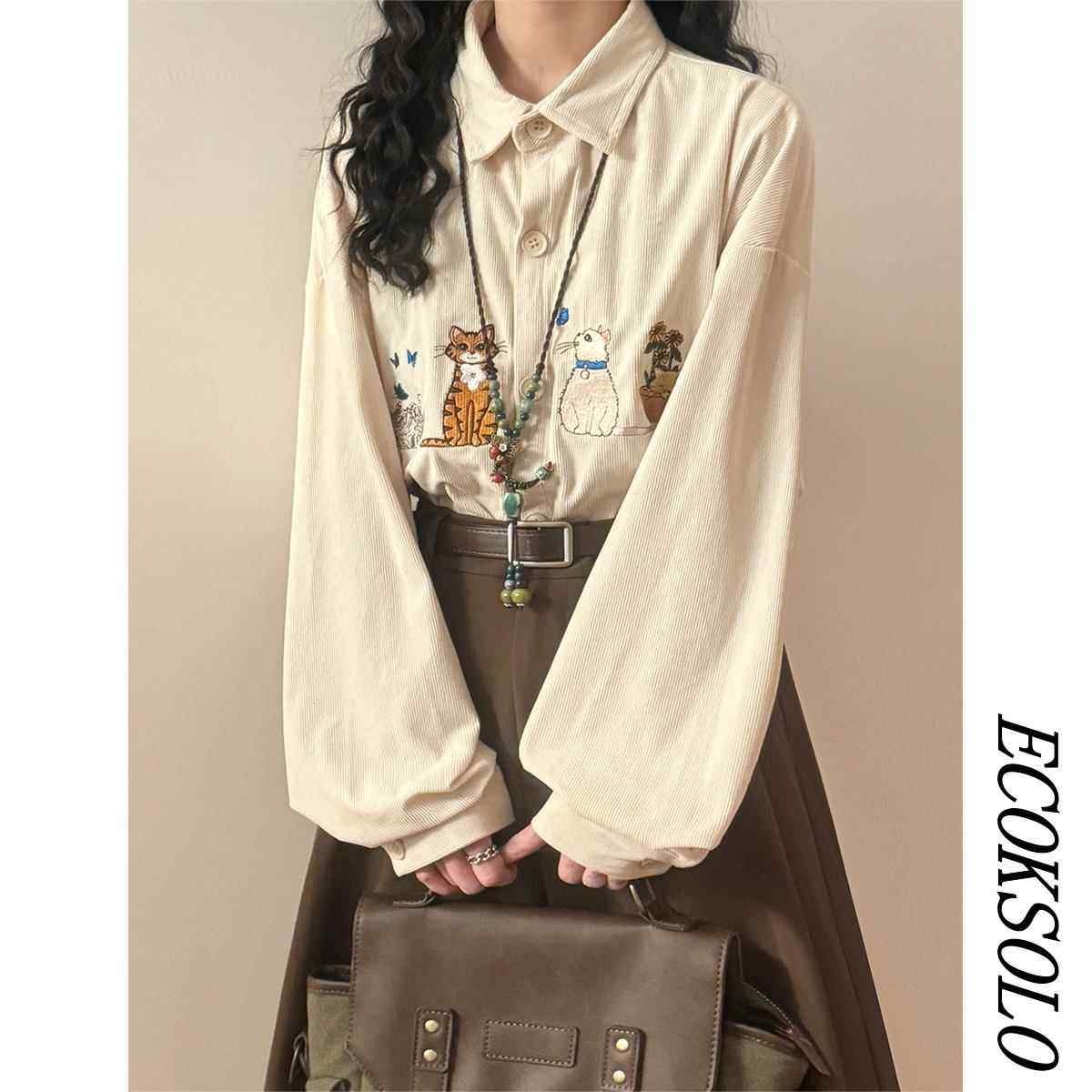 ECOKSOLO2025春美式复古趣味可爱猫咪刺绣文艺休闲长袖衬衫上衣女