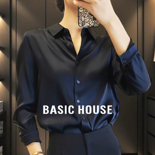新款 Basic 女2025夏季 House POLO领打底衬衣 百家好藏蓝色缎面衬衫