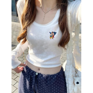打底衫 u领面膜长袖 辣妹短款 T恤女秋季 韩系氛围感穿搭白色上衣 新款