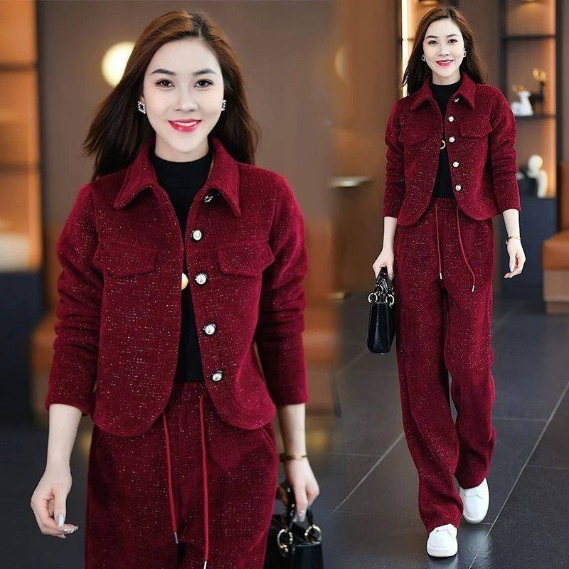 大码时尚休闲套装女秋冬款韩版加厚加加绒气质外套遮肉显瘦两件套