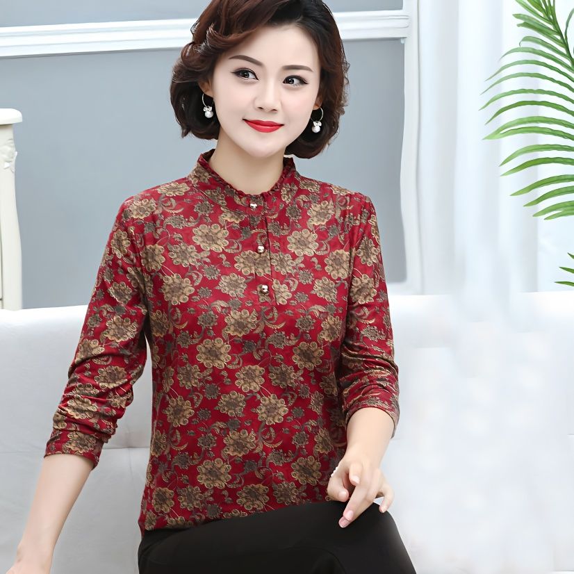 春秋打底衫女新款印花半高领长袖t恤衫妈妈装加绒保暖德绒打底衫